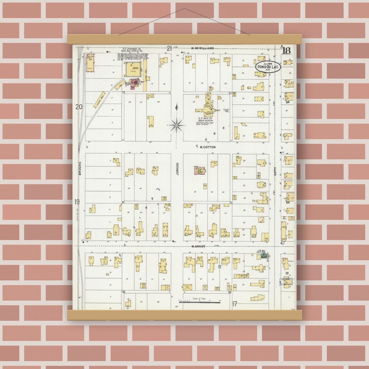Old map wall art mockup — magnetic wood frame on brick wall — Sanborn Fire Insurance Map from Fond du Lac, Fond du Lac County, Wisconsin (1898), Sheet #0018