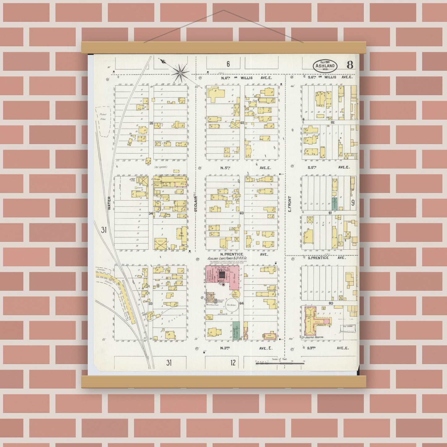 Old map wall art mockup — magnetic wood frame on brick wall — Sanborn Fire Insurance Map from Ashland, Ashland County, Wisconsin (1901), Sheet #0008