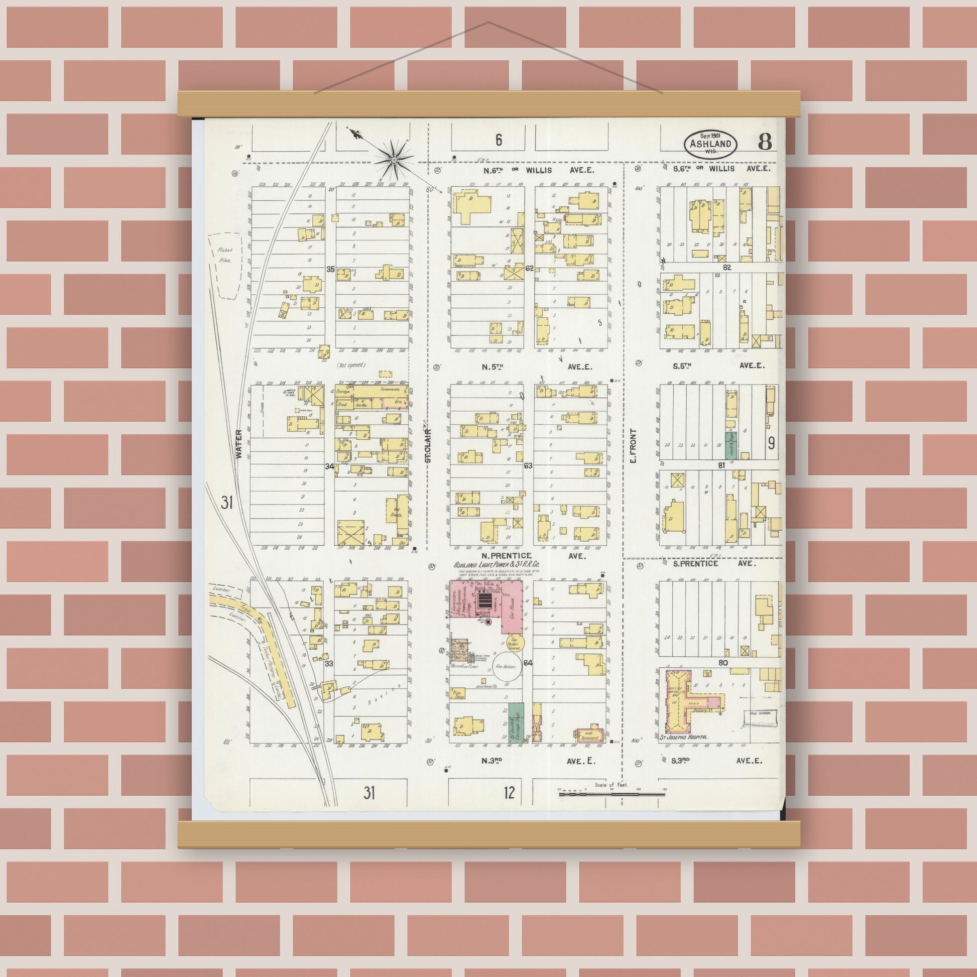 Old map wall art mockup — magnetic wood frame on brick wall — Sanborn Fire Insurance Map from Ashland, Ashland County, Wisconsin (1901), Sheet #0008