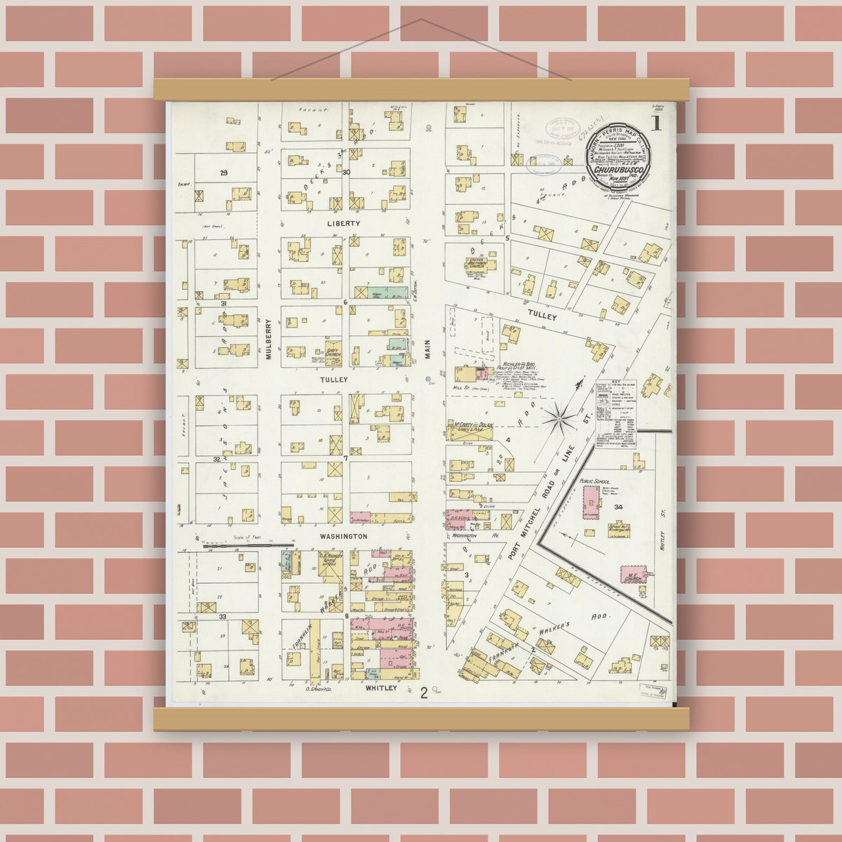 Old map wall art mockup — magnetic wood frame on brick wall — Sanborn Fire Insurance Map from Churubusco, Whitley County, Indiana (1897), Sheet #0001