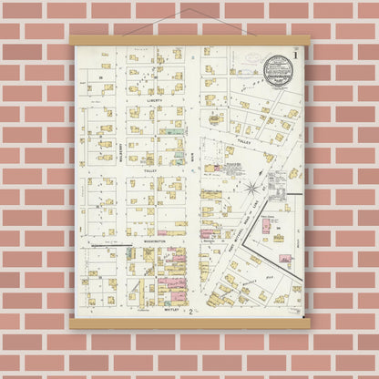 Old map wall art mockup — magnetic wood frame on brick wall — Sanborn Fire Insurance Map from Churubusco, Whitley County, Indiana (1897), Sheet #0001