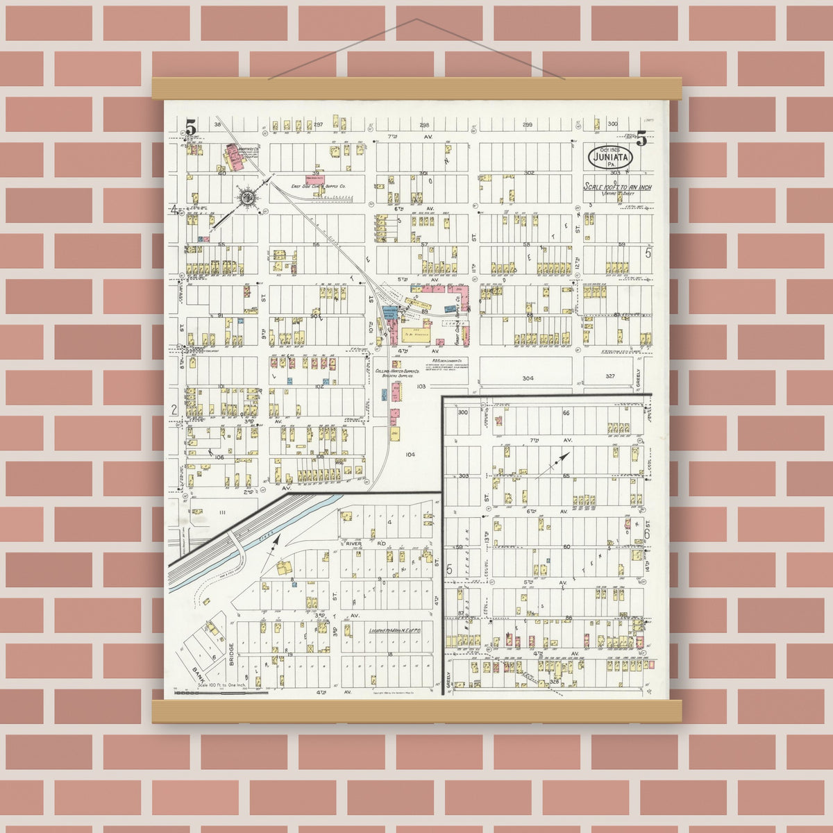 Old map wall art mockup — magnetic wood frame on brick wall — Sanborn Fire Insurance Map from Juniata, Blair County, Pennsylvania (1925), Sheet #0005