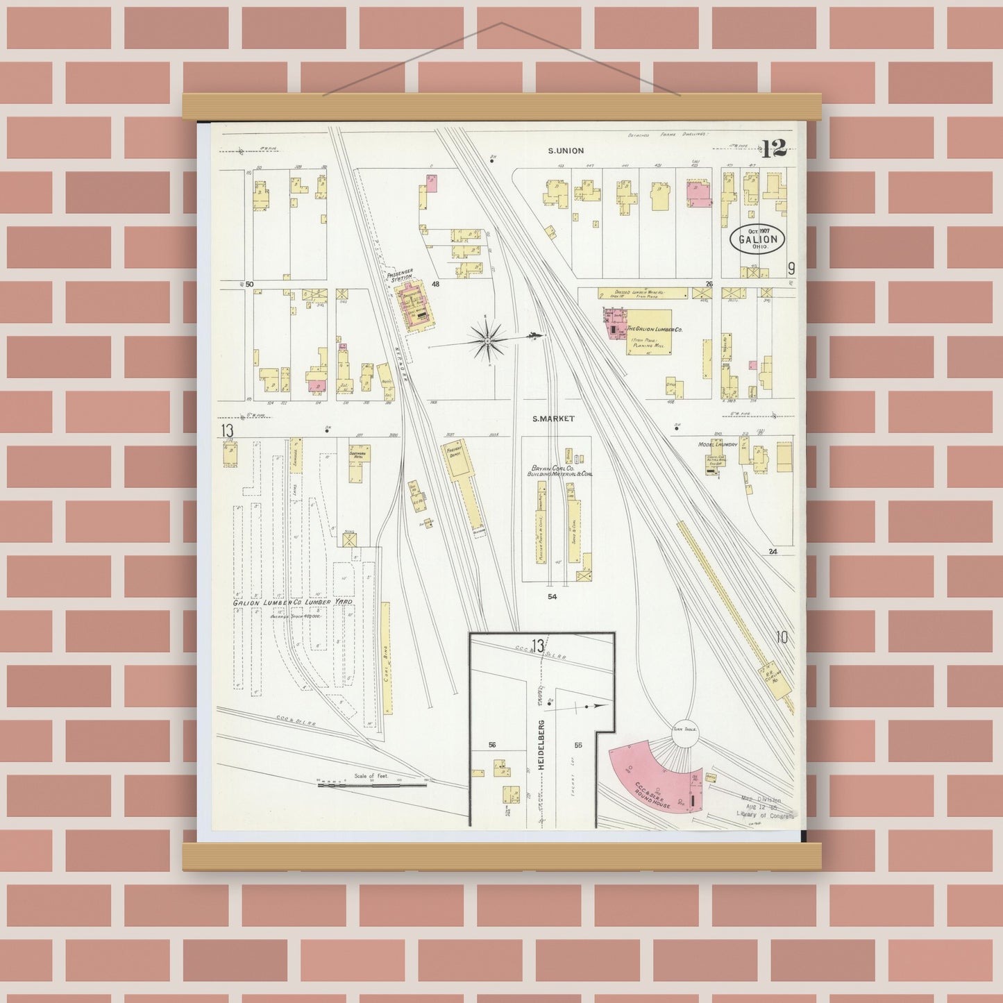 Old map wall art mockup — magnetic wood frame on brick wall — Sanborn Fire Insurance Map from Galion, Crawford County, Ohio (1907), Sheet #0012