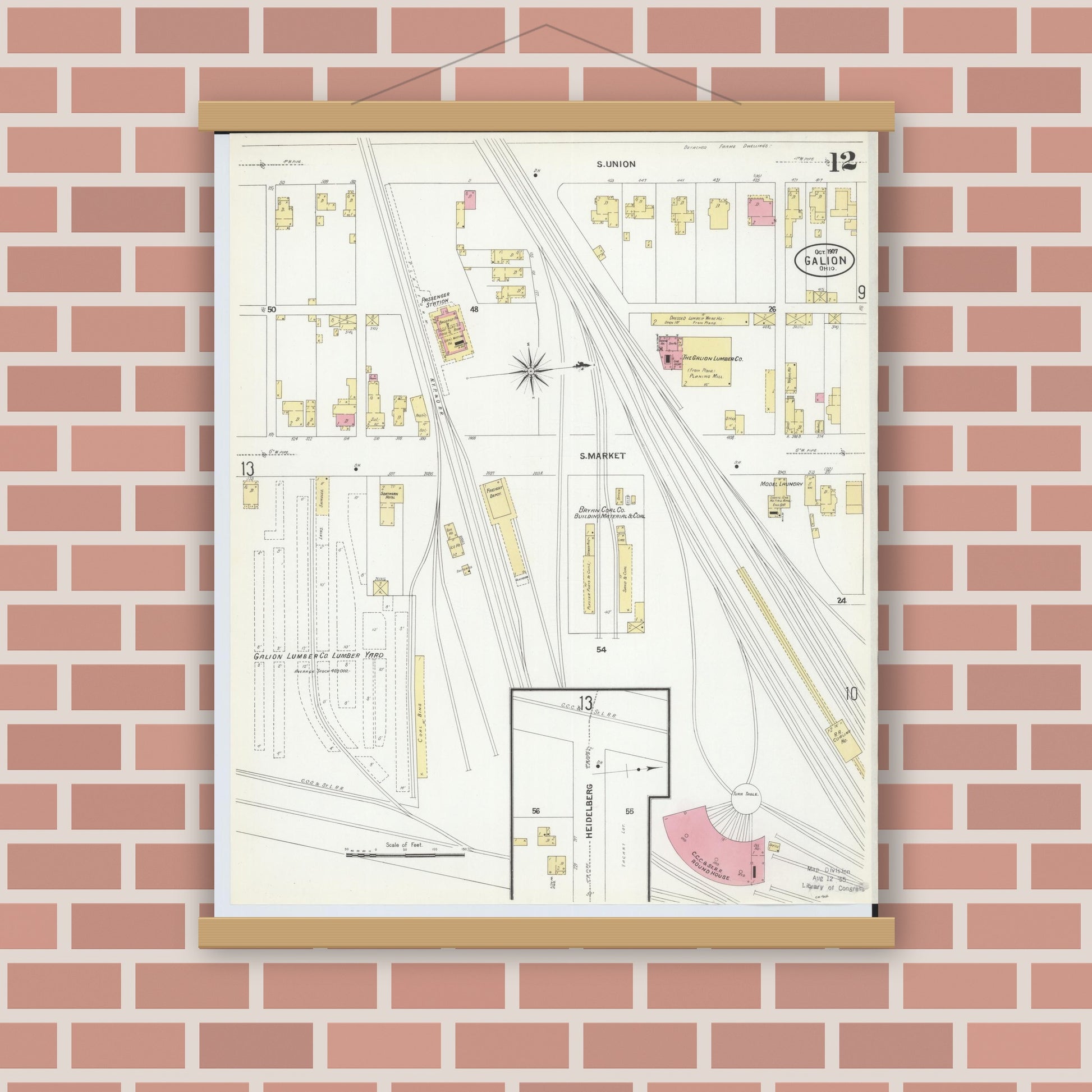 Old map wall art mockup — magnetic wood frame on brick wall — Sanborn Fire Insurance Map from Galion, Crawford County, Ohio (1907), Sheet #0012