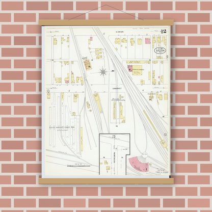Old map wall art mockup — magnetic wood frame on brick wall — Sanborn Fire Insurance Map from Galion, Crawford County, Ohio (1907), Sheet #0012