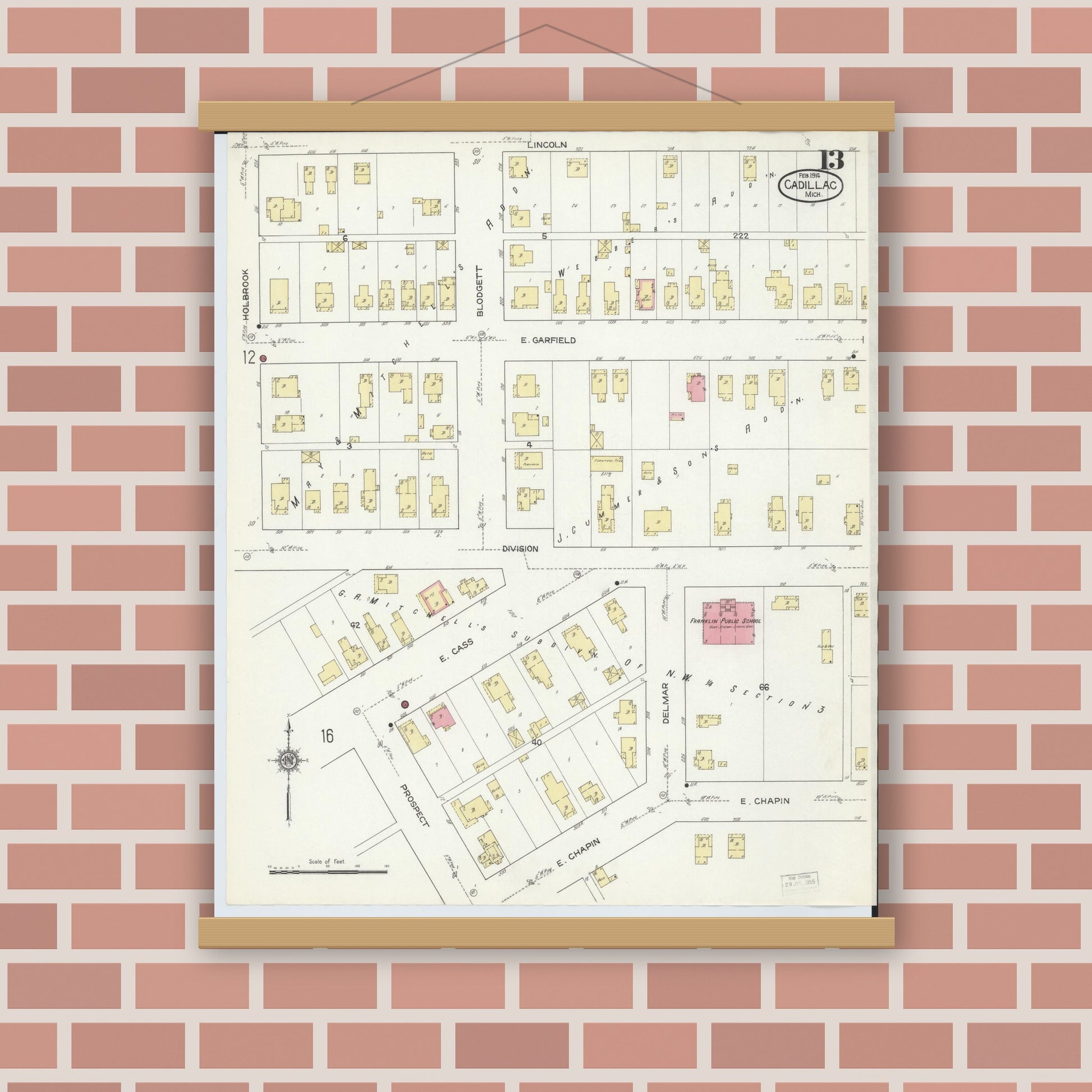Old map wall art mockup — magnetic wood frame on brick wall — Sanborn Fire Insurance Map from Cadillac, Wexford County, Michigan (1914), Sheet #0013