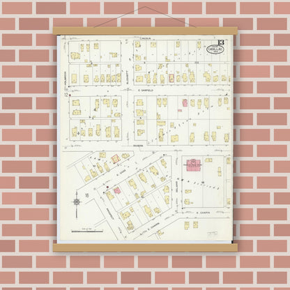 Old map wall art mockup — magnetic wood frame on brick wall — Sanborn Fire Insurance Map from Cadillac, Wexford County, Michigan (1914), Sheet #0013