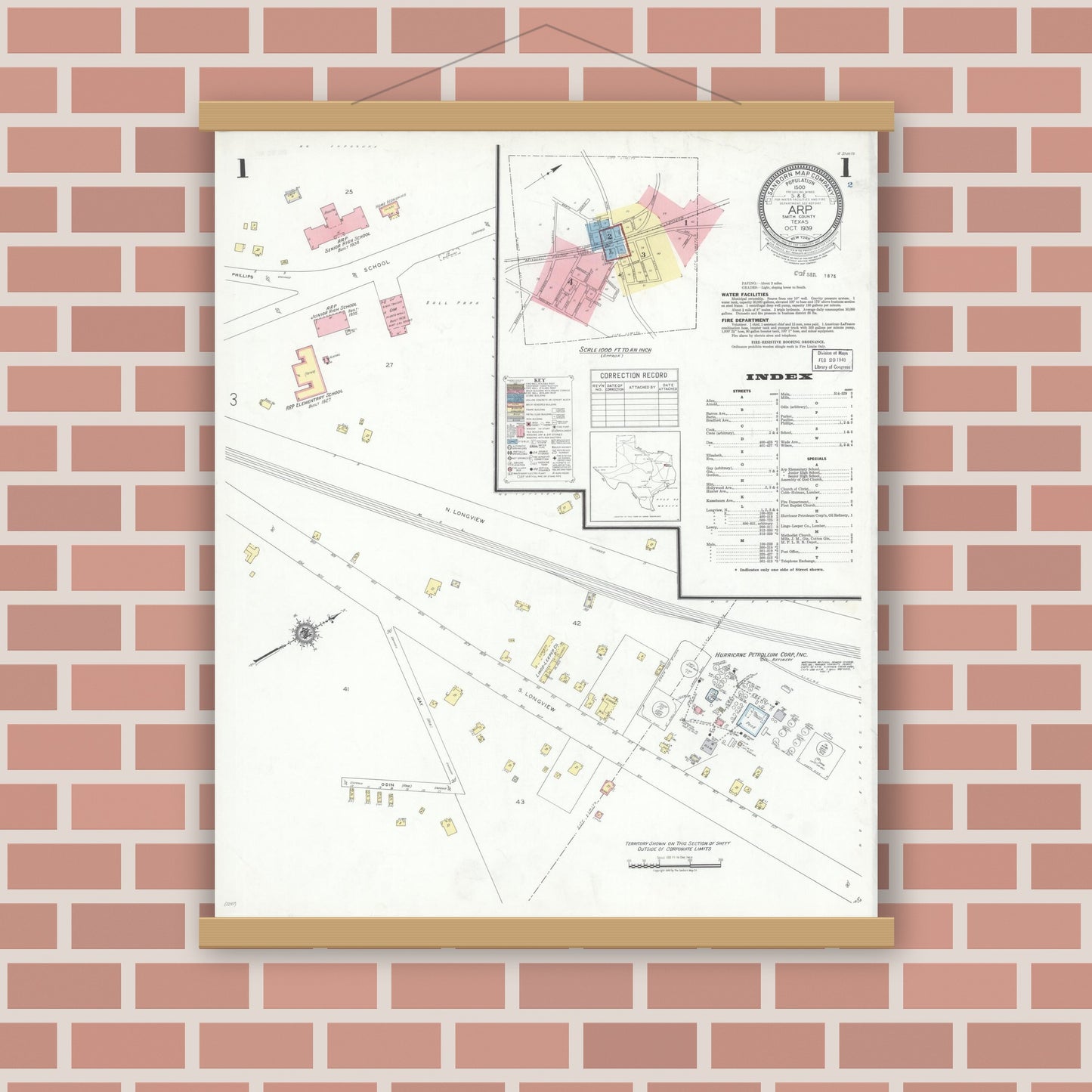 Old map wall art mockup — magnetic wood frame on brick wall — Sanborn Fire Insurance Map from Arp, Smith County, Texas (1939), Sheet #0001