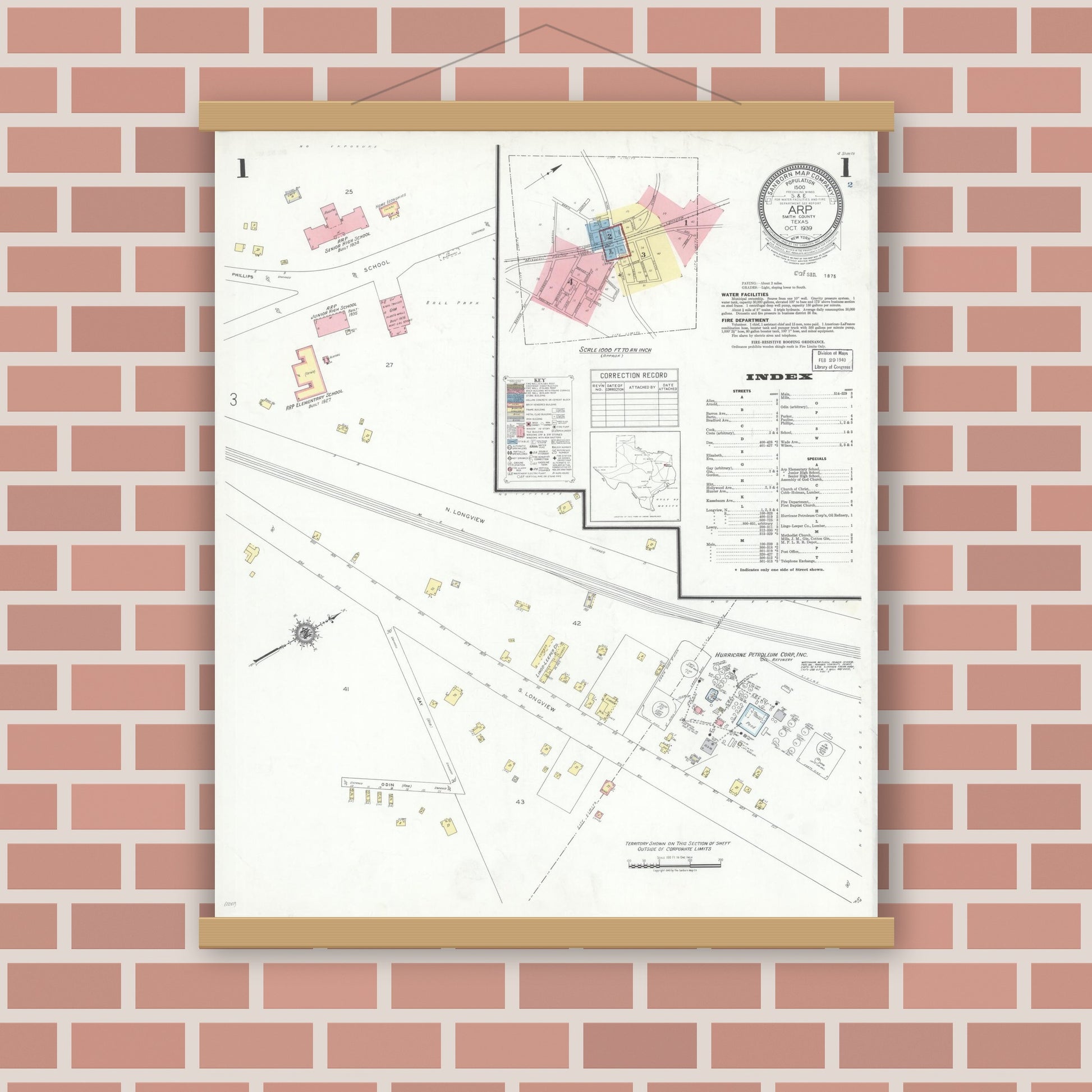 Old map wall art mockup — magnetic wood frame on brick wall — Sanborn Fire Insurance Map from Arp, Smith County, Texas (1939), Sheet #0001