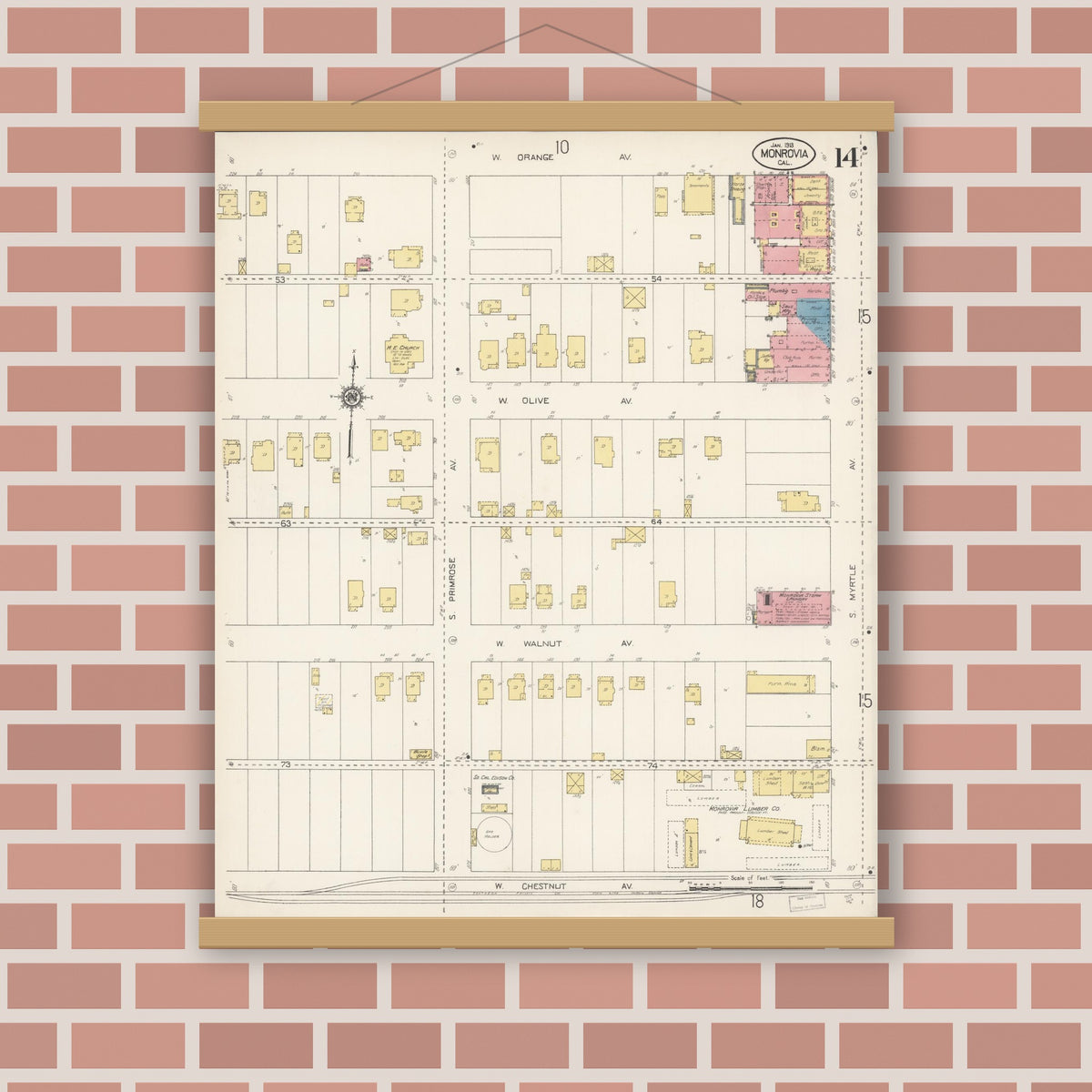 Old map wall art mockup — magnetic wood frame on brick wall — Sanborn Fire Insurance Map from Monrovia, Los Angeles County, California (1913), Sheet #0014