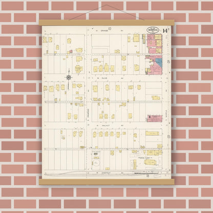 Old map wall art mockup — magnetic wood frame on brick wall — Sanborn Fire Insurance Map from Monrovia, Los Angeles County, California (1913), Sheet #0014