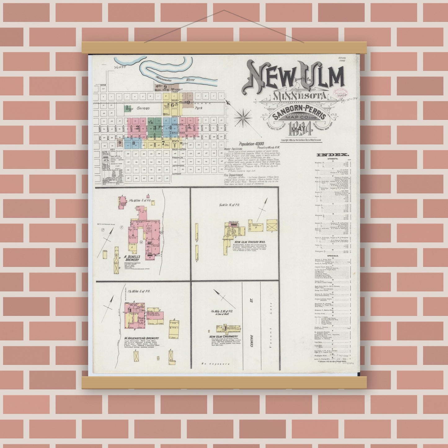 Old map wall art mockup — magnetic wood frame on brick wall — Sanborn Fire Insurance Map from New Ulm, Brown County, Minnesota (1894), Sheet #0001
