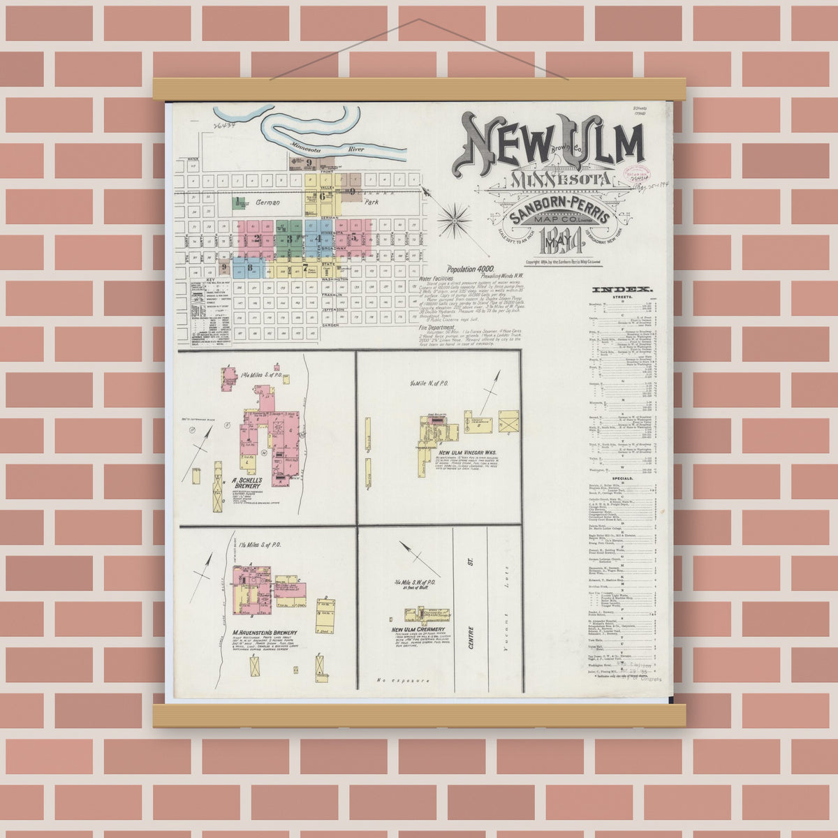 Old map wall art mockup — magnetic wood frame on brick wall — Sanborn Fire Insurance Map from New Ulm, Brown County, Minnesota (1894), Sheet #0001