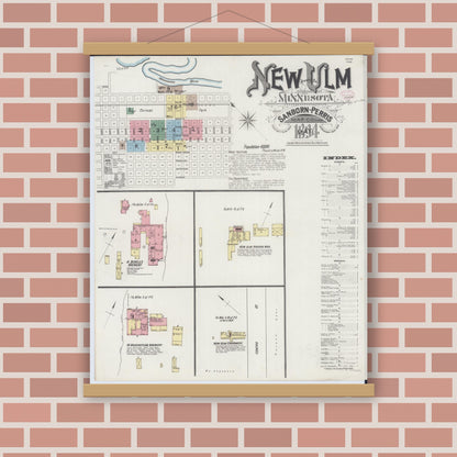 Old map wall art mockup — magnetic wood frame on brick wall — Sanborn Fire Insurance Map from New Ulm, Brown County, Minnesota (1894), Sheet #0001