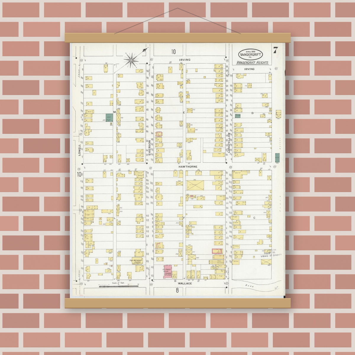 Old map wall art mockup — magnetic wood frame on brick wall — Sanborn Fire Insurance Map from Vandergrift, Westmoreland County, Pennsylvania (1909), Sheet #0007
