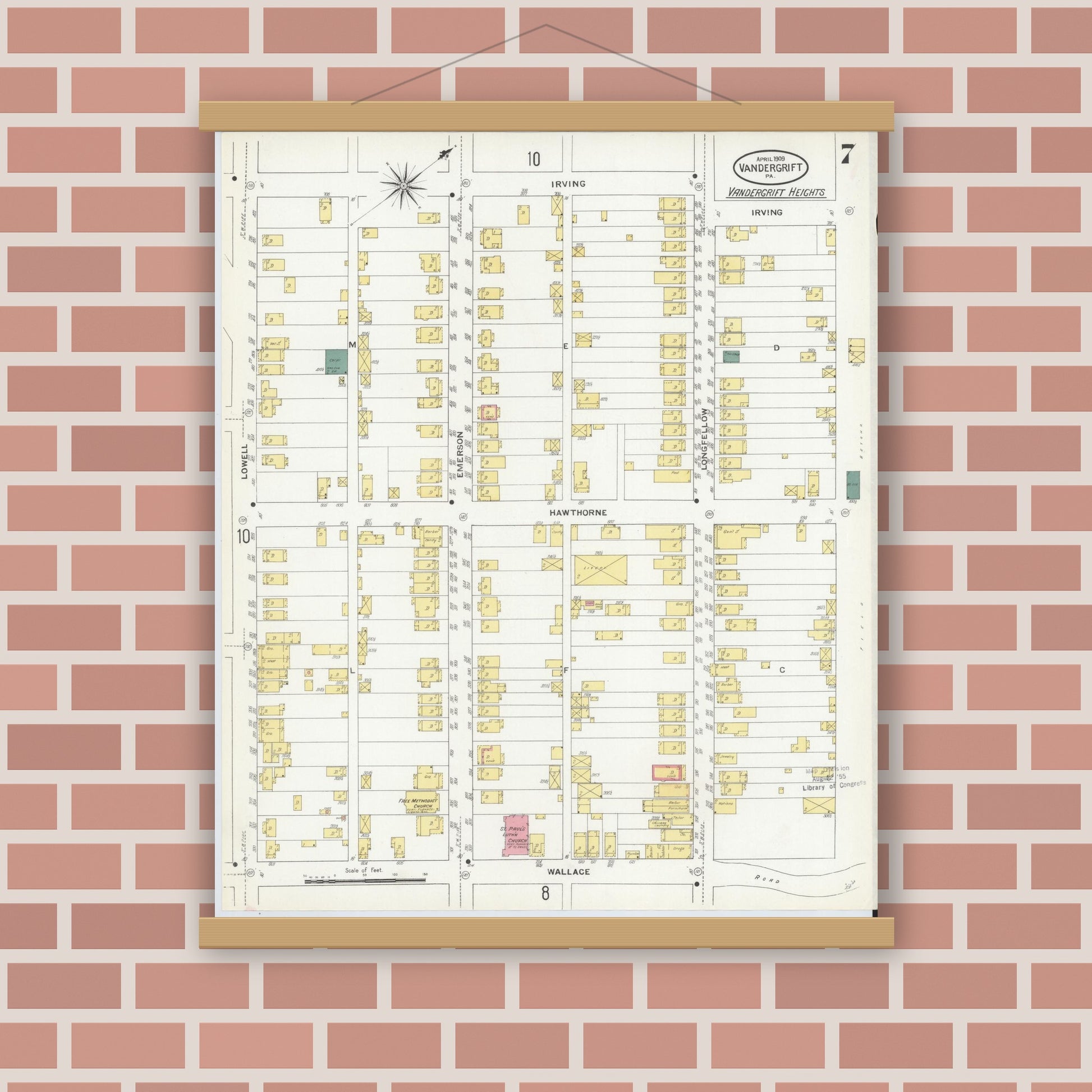 Old map wall art mockup — magnetic wood frame on brick wall — Sanborn Fire Insurance Map from Vandergrift, Westmoreland County, Pennsylvania (1909), Sheet #0007