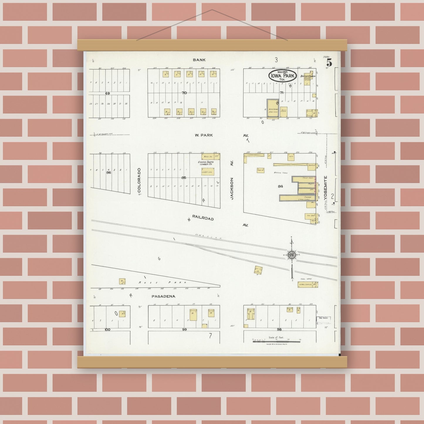 Old map wall art mockup — magnetic wood frame on brick wall — Sanborn Fire Insurance Map from Iowa Park, Wichita County, Texas (1921), Sheet #0005