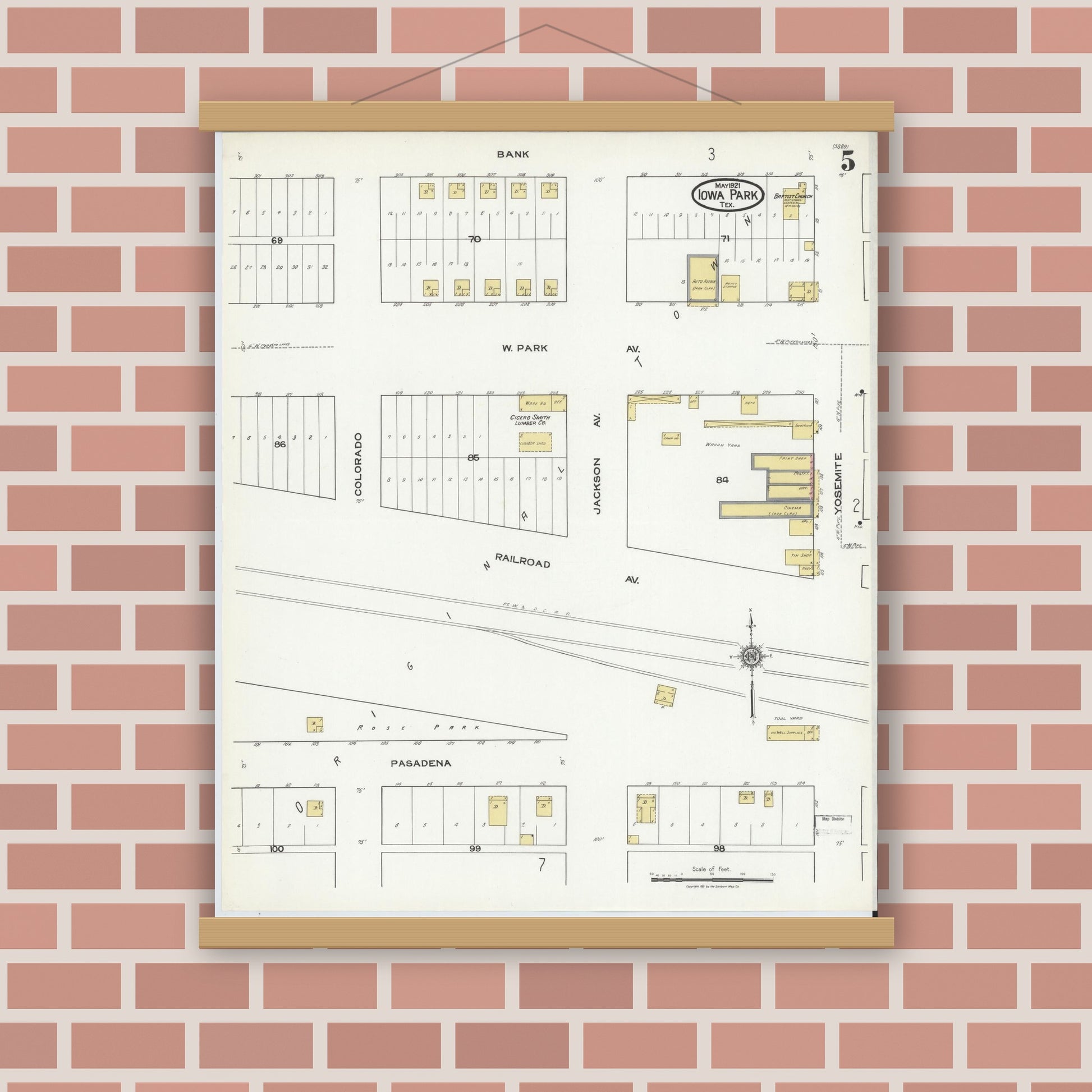 Old map wall art mockup — magnetic wood frame on brick wall — Sanborn Fire Insurance Map from Iowa Park, Wichita County, Texas (1921), Sheet #0005