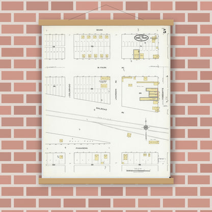 Old map wall art mockup — magnetic wood frame on brick wall — Sanborn Fire Insurance Map from Iowa Park, Wichita County, Texas (1921), Sheet #0005