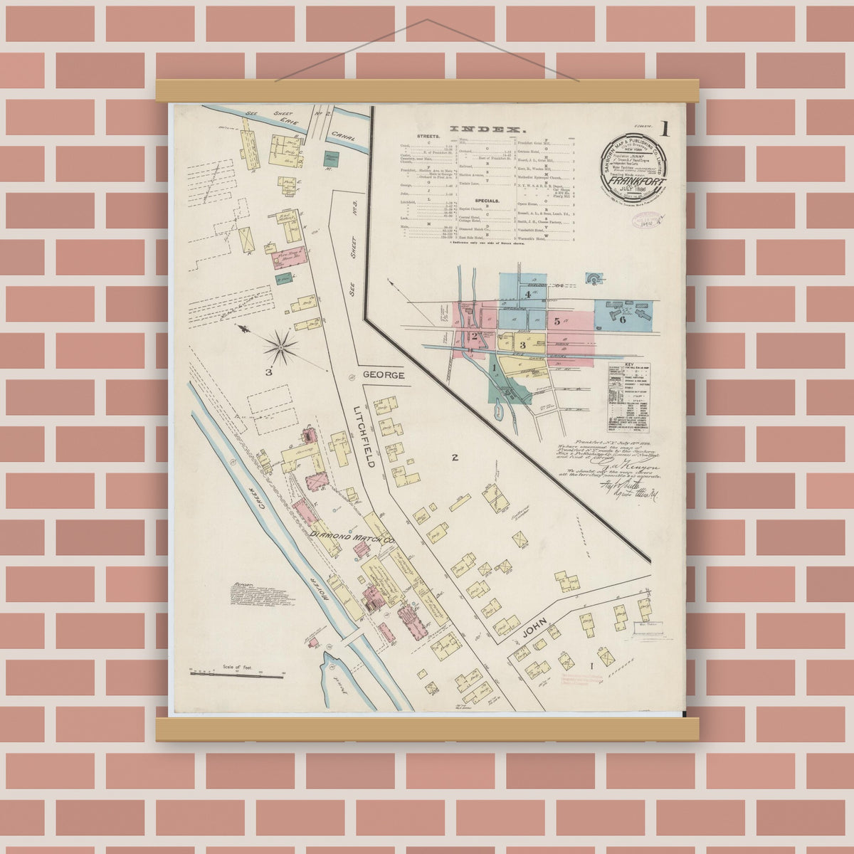 Old map wall art mockup — magnetic wood frame on brick wall — Sanborn Fire Insurance Map from Frankfort, Herkimer County, New York (1886), Sheet #0001