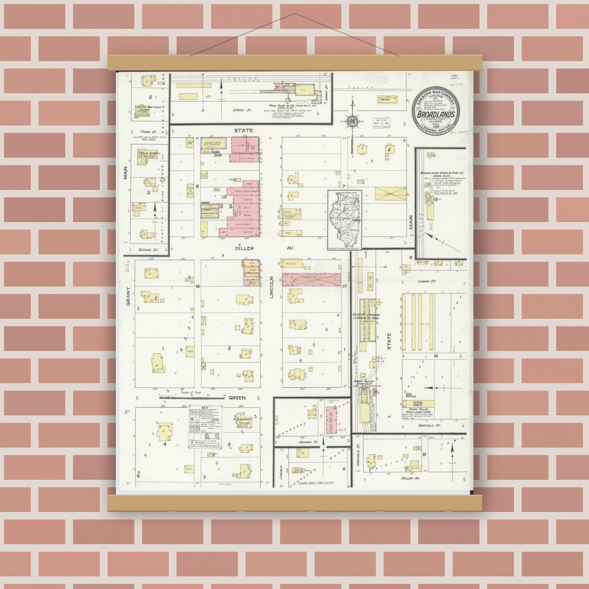 Old map wall art mockup — magnetic wood frame on brick wall — Sanborn Fire Insurance Map from Broadlands, Champaign County, Illinois (1914), Sheet #0001