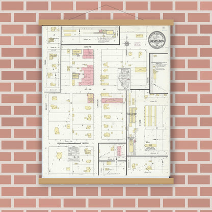 Old map wall art mockup — magnetic wood frame on brick wall — Sanborn Fire Insurance Map from Broadlands, Champaign County, Illinois (1914), Sheet #0001