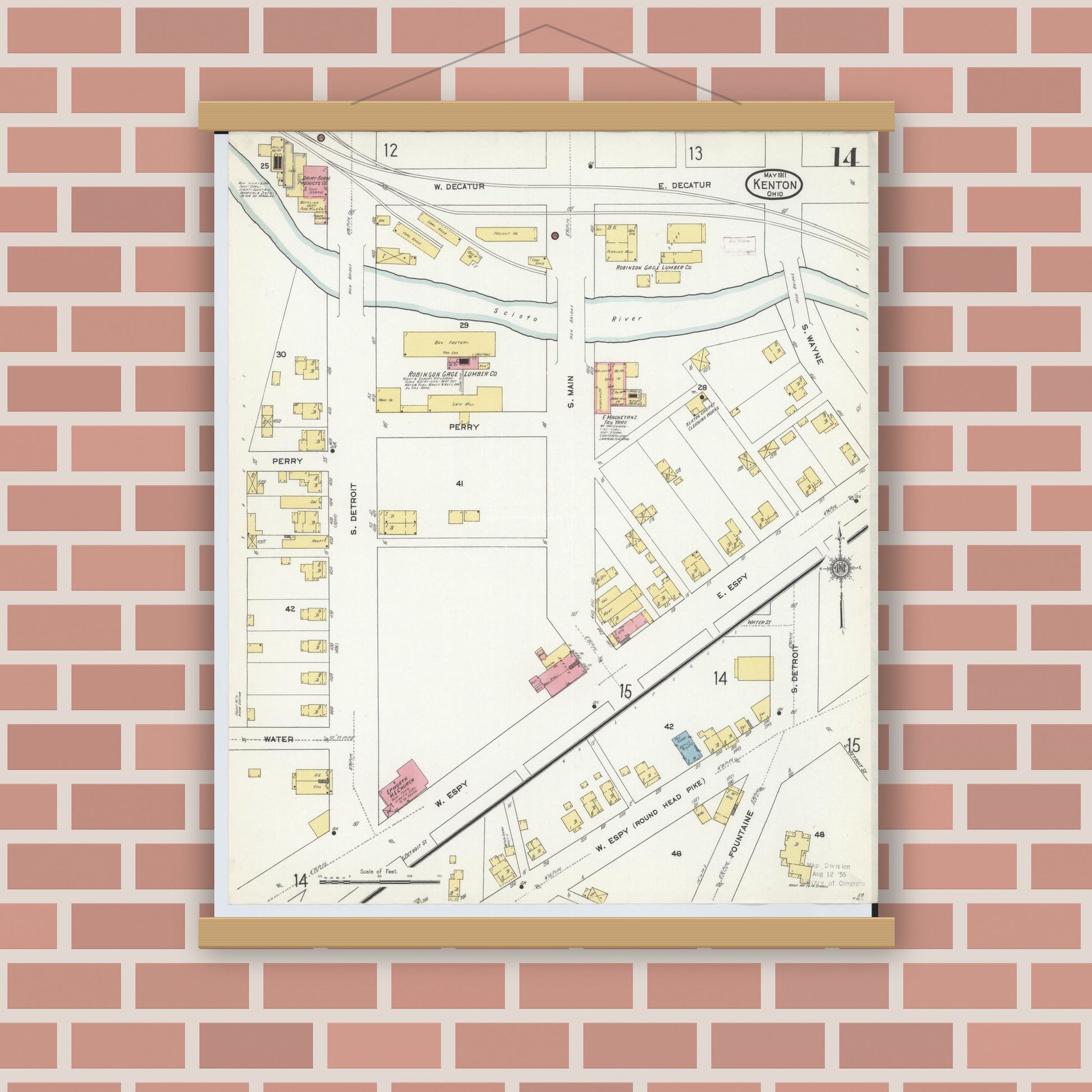 Old map wall art mockup — magnetic wood frame on brick wall — Sanborn Fire Insurance Map from Kenton, Hardin County, Ohio (1911), Sheet #0014