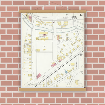Old map wall art mockup — magnetic wood frame on brick wall — Sanborn Fire Insurance Map from Kenton, Hardin County, Ohio (1911), Sheet #0014