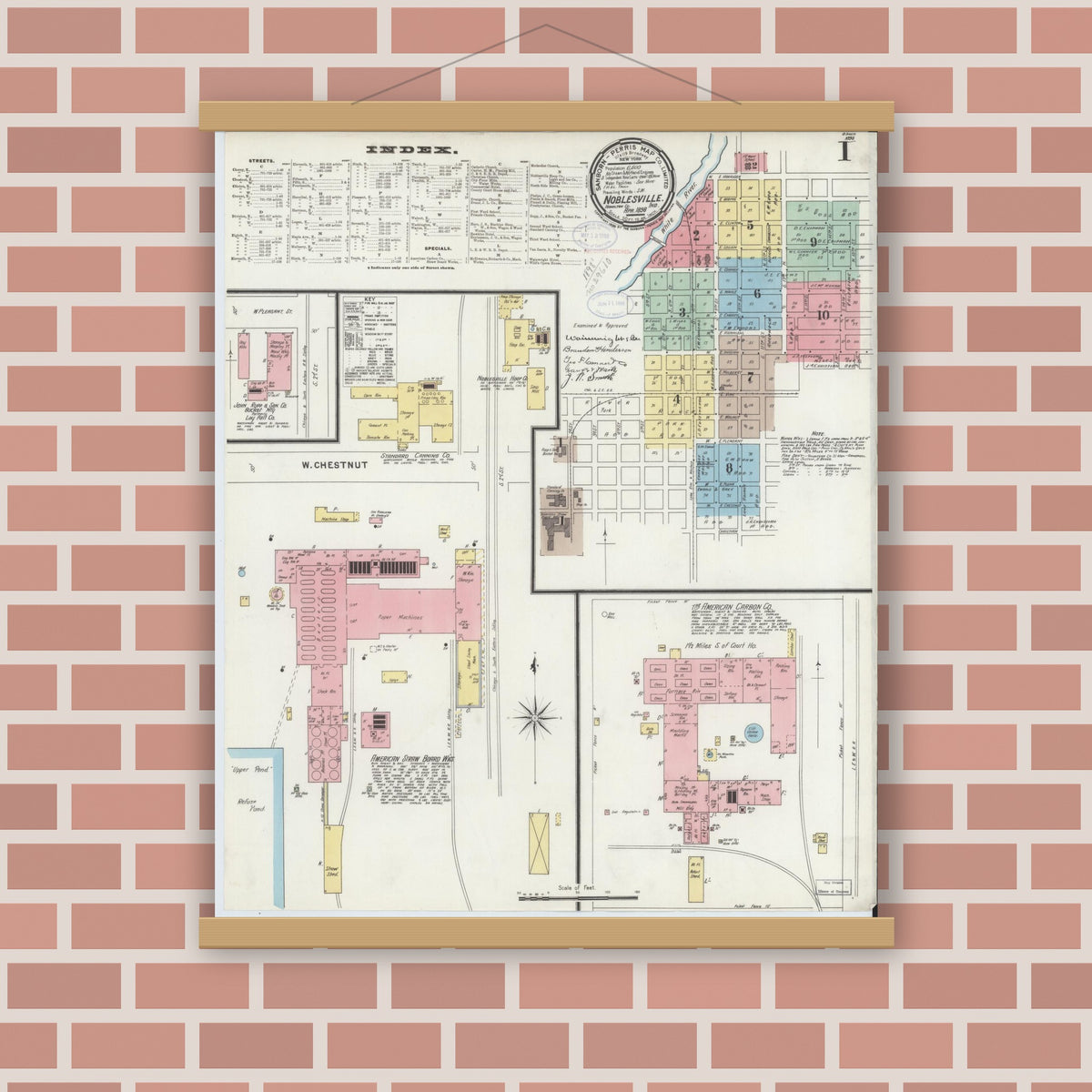 Old map wall art mockup — magnetic wood frame on brick wall — Sanborn Fire Insurance Map from Noblesville, Hamilton County, Indiana (1898) - Complete Map Set