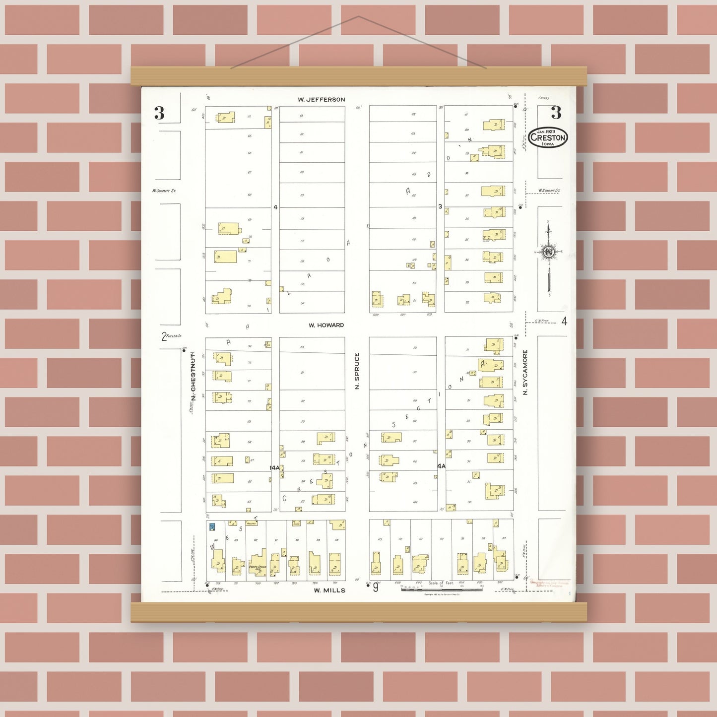 Old map wall art mockup — magnetic wood frame on brick wall — Sanborn Fire Insurance Map from Creston, Union County, Iowa (1923), Sheet #0003