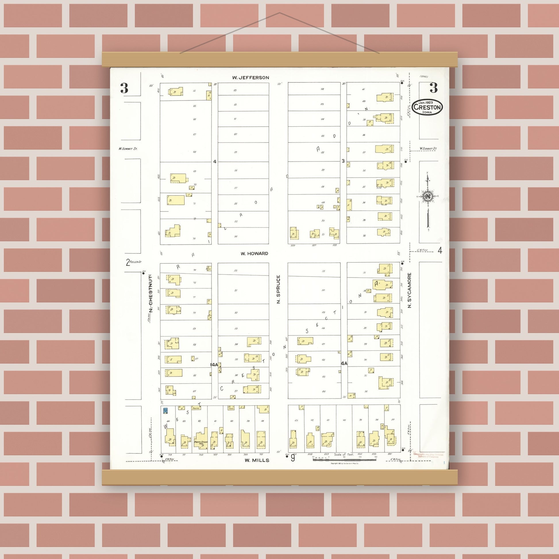 Old map wall art mockup — magnetic wood frame on brick wall — Sanborn Fire Insurance Map from Creston, Union County, Iowa (1923), Sheet #0003