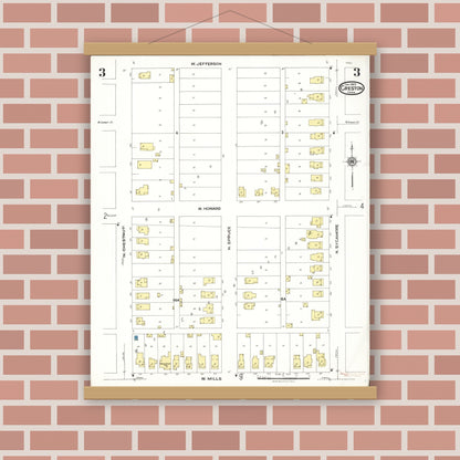 Old map wall art mockup — magnetic wood frame on brick wall — Sanborn Fire Insurance Map from Creston, Union County, Iowa (1923), Sheet #0003