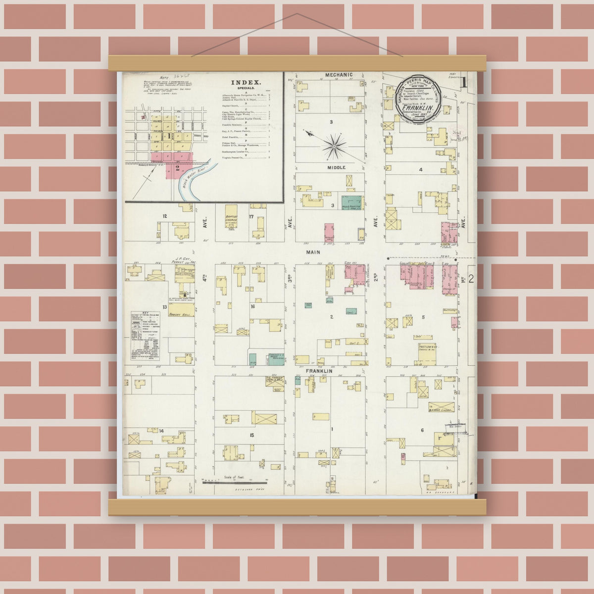 Old map wall art mockup — magnetic wood frame on brick wall — Sanborn Fire Insurance Map from Franklin, Independent Cities, Virginia (1897) - Complete Map Set