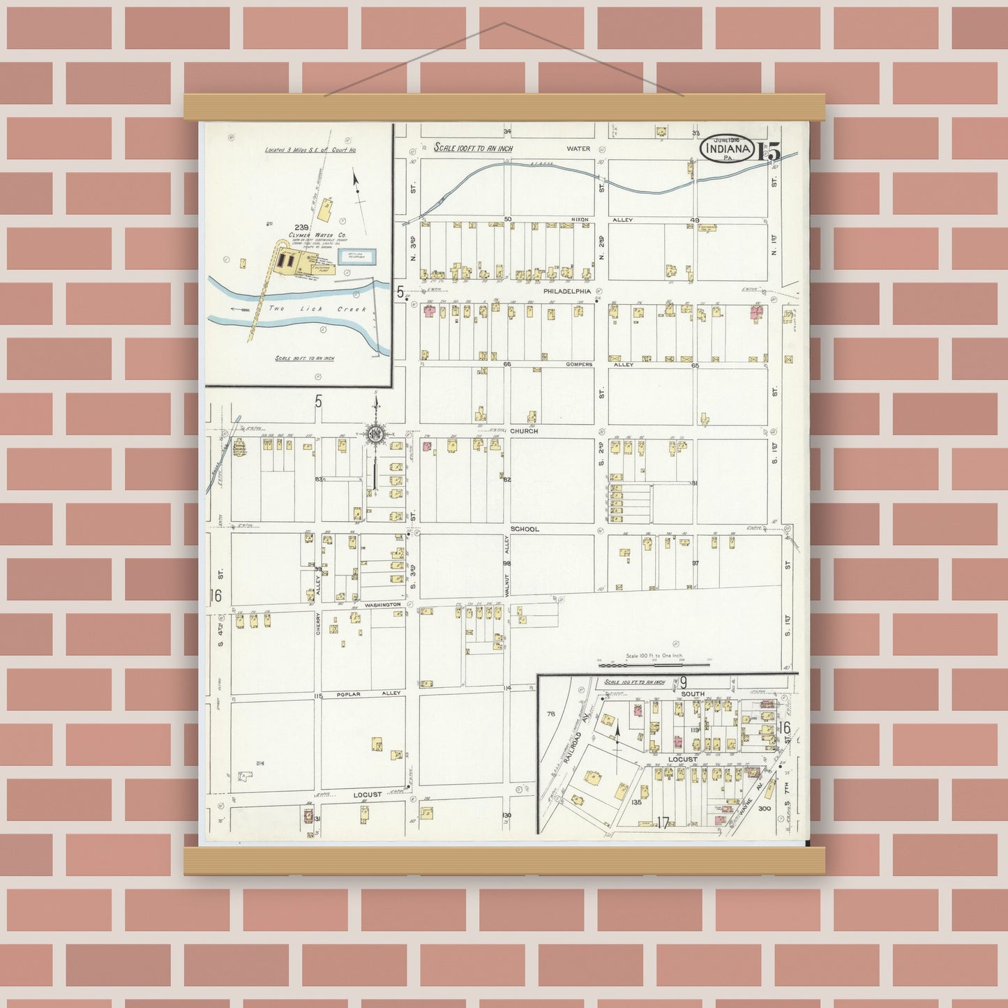 Old map wall art mockup — magnetic wood frame on brick wall — Sanborn Fire Insurance Map from Indiana, Indiana County, Pennsylvania (1916), Sheet #0015