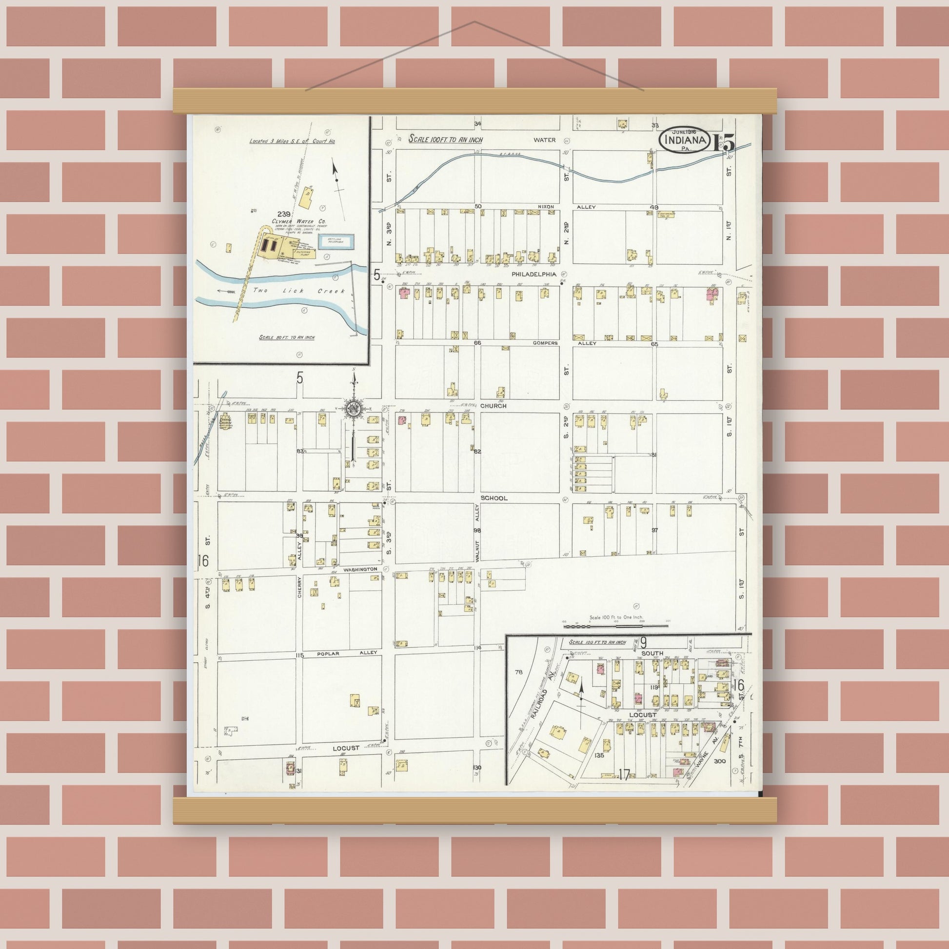 Old map wall art mockup — magnetic wood frame on brick wall — Sanborn Fire Insurance Map from Indiana, Indiana County, Pennsylvania (1916), Sheet #0015
