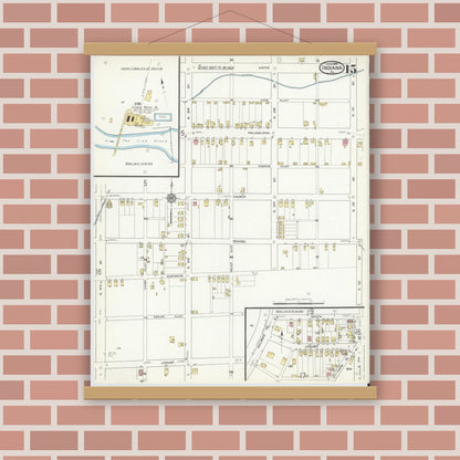 Old map wall art mockup — magnetic wood frame on brick wall — Sanborn Fire Insurance Map from Indiana, Indiana County, Pennsylvania (1916), Sheet #0015
