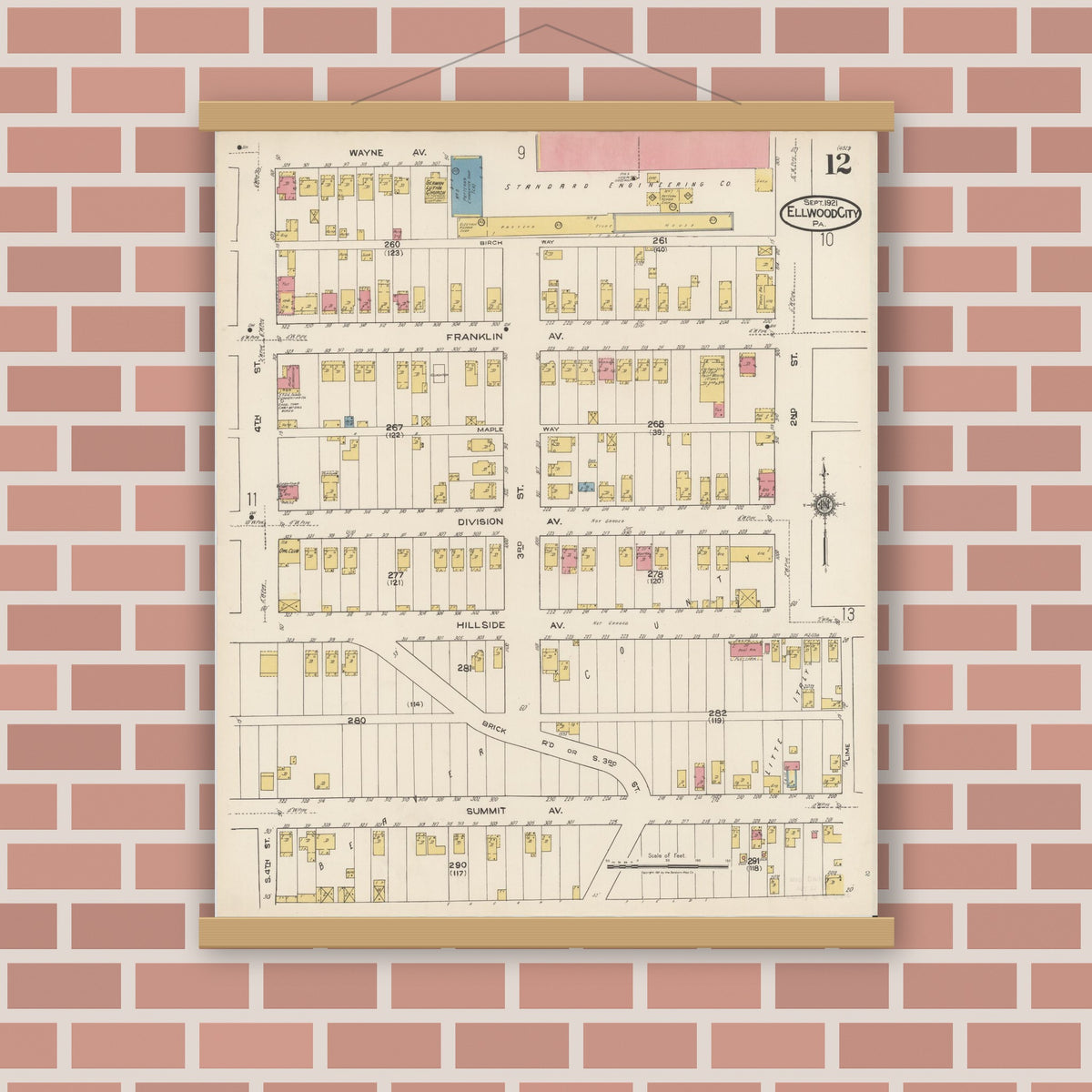 Old map wall art mockup — magnetic wood frame on brick wall — Sanborn Fire Insurance Map from Ellwood City, Lawrence County, Pennsylvania (1921), Sheet #0012