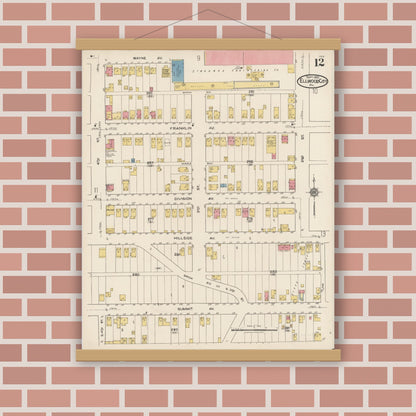 Old map wall art mockup — magnetic wood frame on brick wall — Sanborn Fire Insurance Map from Ellwood City, Lawrence County, Pennsylvania (1921), Sheet #0012