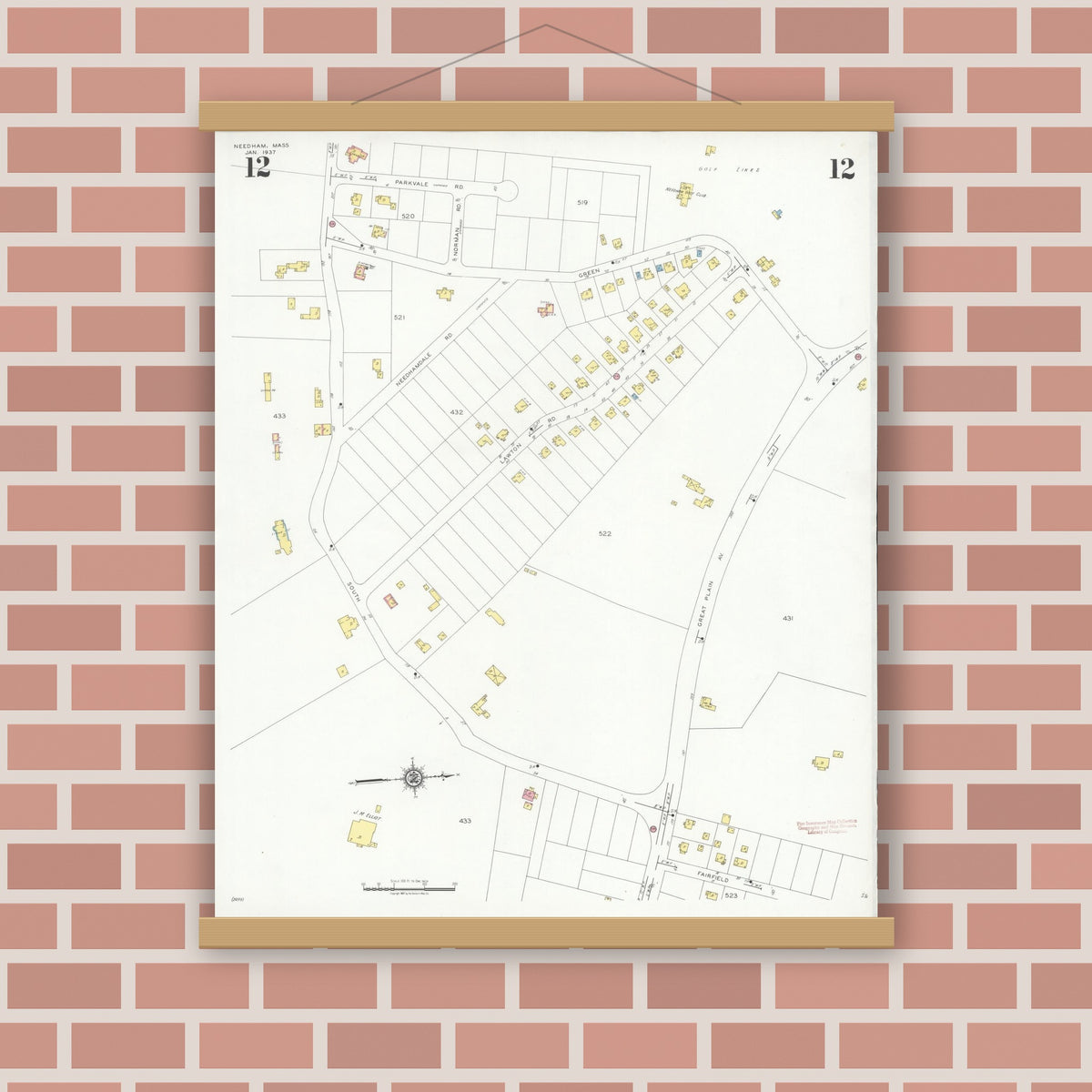 Old map wall art mockup — magnetic wood frame on brick wall — Sanborn Fire Insurance Map from Needham, Norfolk County, Massachusetts (1937), Sheet #0012