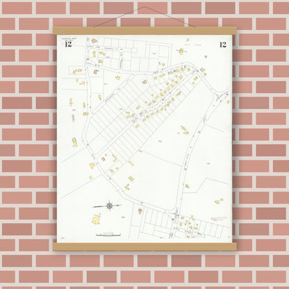 Old map wall art mockup — magnetic wood frame on brick wall — Sanborn Fire Insurance Map from Needham, Norfolk County, Massachusetts (1937), Sheet #0012