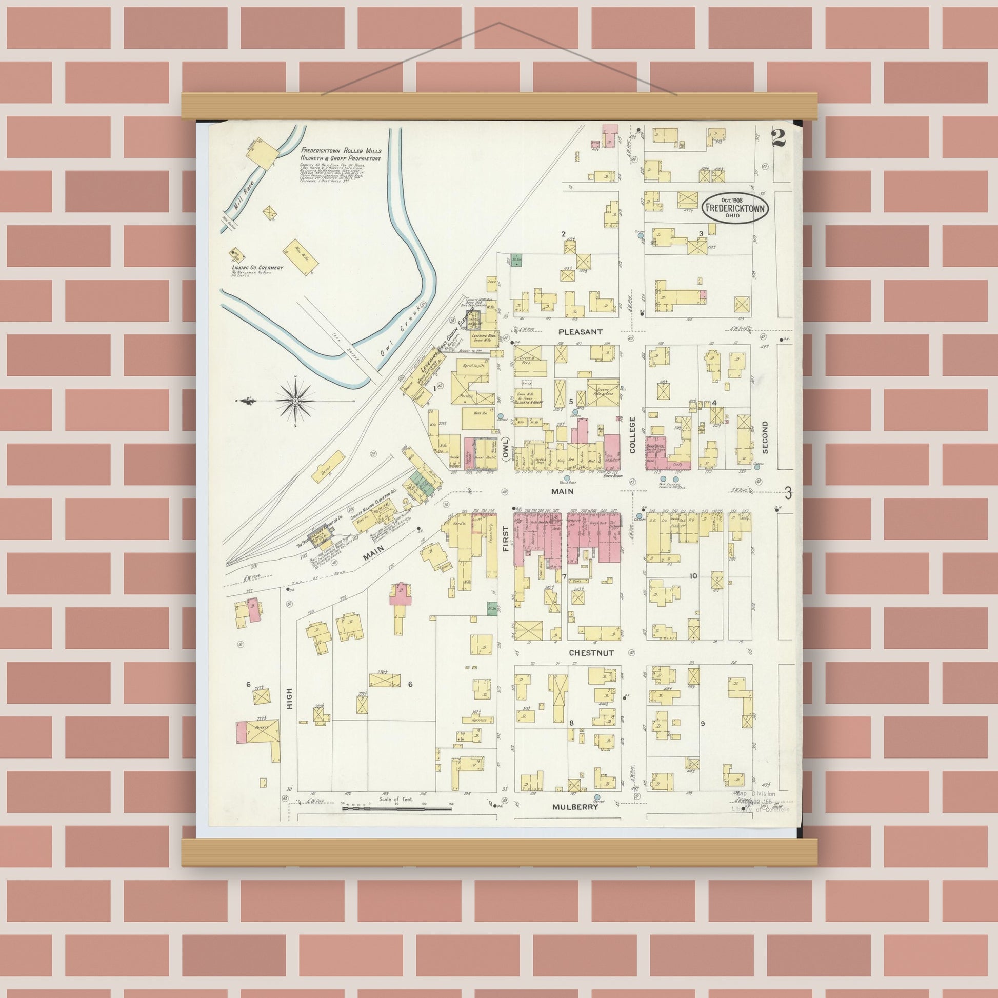 Old map wall art mockup — magnetic wood frame on brick wall — Sanborn Fire Insurance Map from Fredericktown, Knox County, Ohio (1908), Sheet #0002