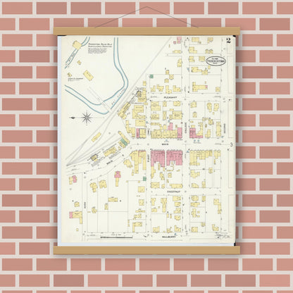 Old map wall art mockup — magnetic wood frame on brick wall — Sanborn Fire Insurance Map from Fredericktown, Knox County, Ohio (1908), Sheet #0002