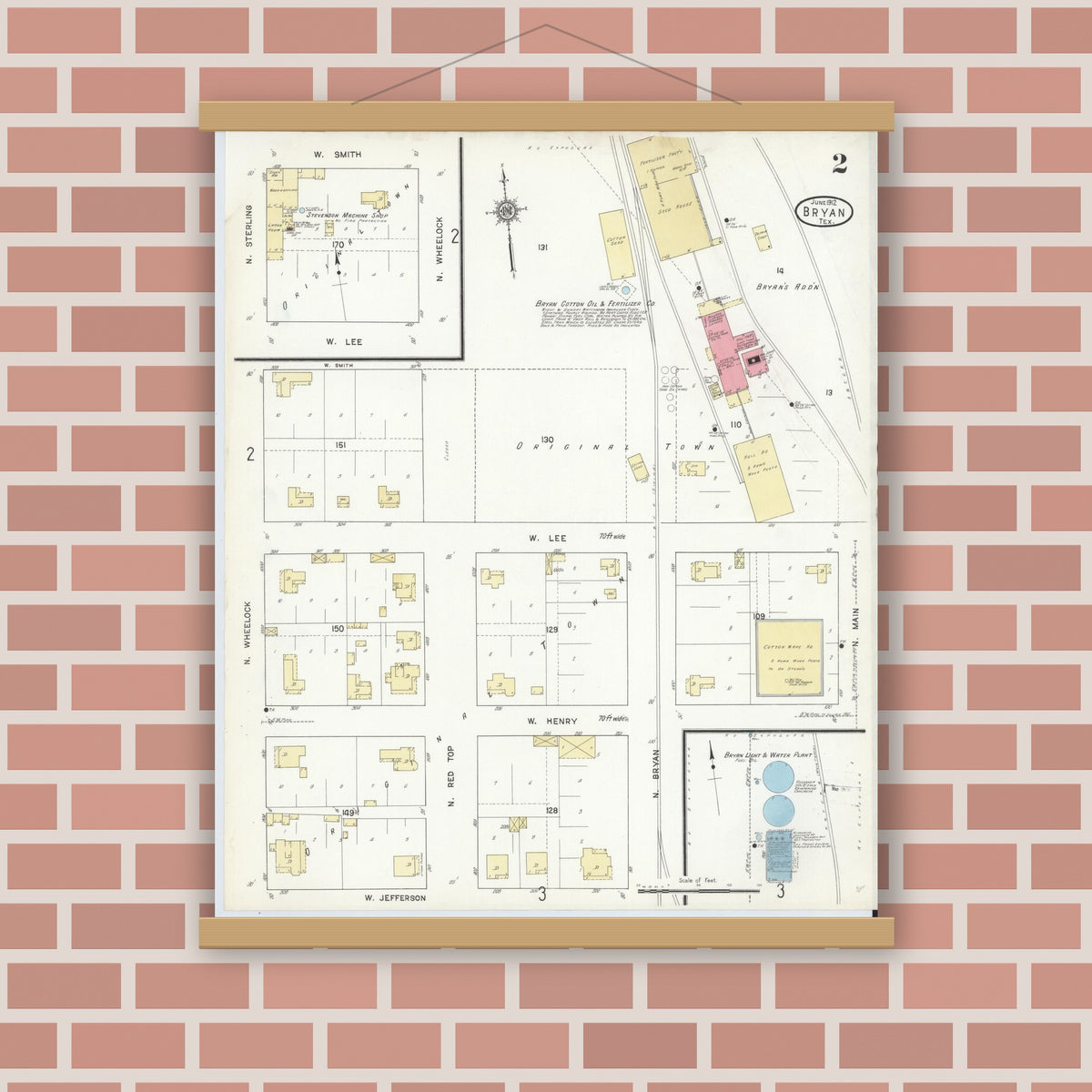 Old map wall art mockup — magnetic wood frame on brick wall — Sanborn Fire Insurance Map from Bryan, Brazos County, Texas (1912), Sheet #0002