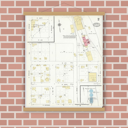 Old map wall art mockup — magnetic wood frame on brick wall — Sanborn Fire Insurance Map from Bryan, Brazos County, Texas (1912), Sheet #0002
