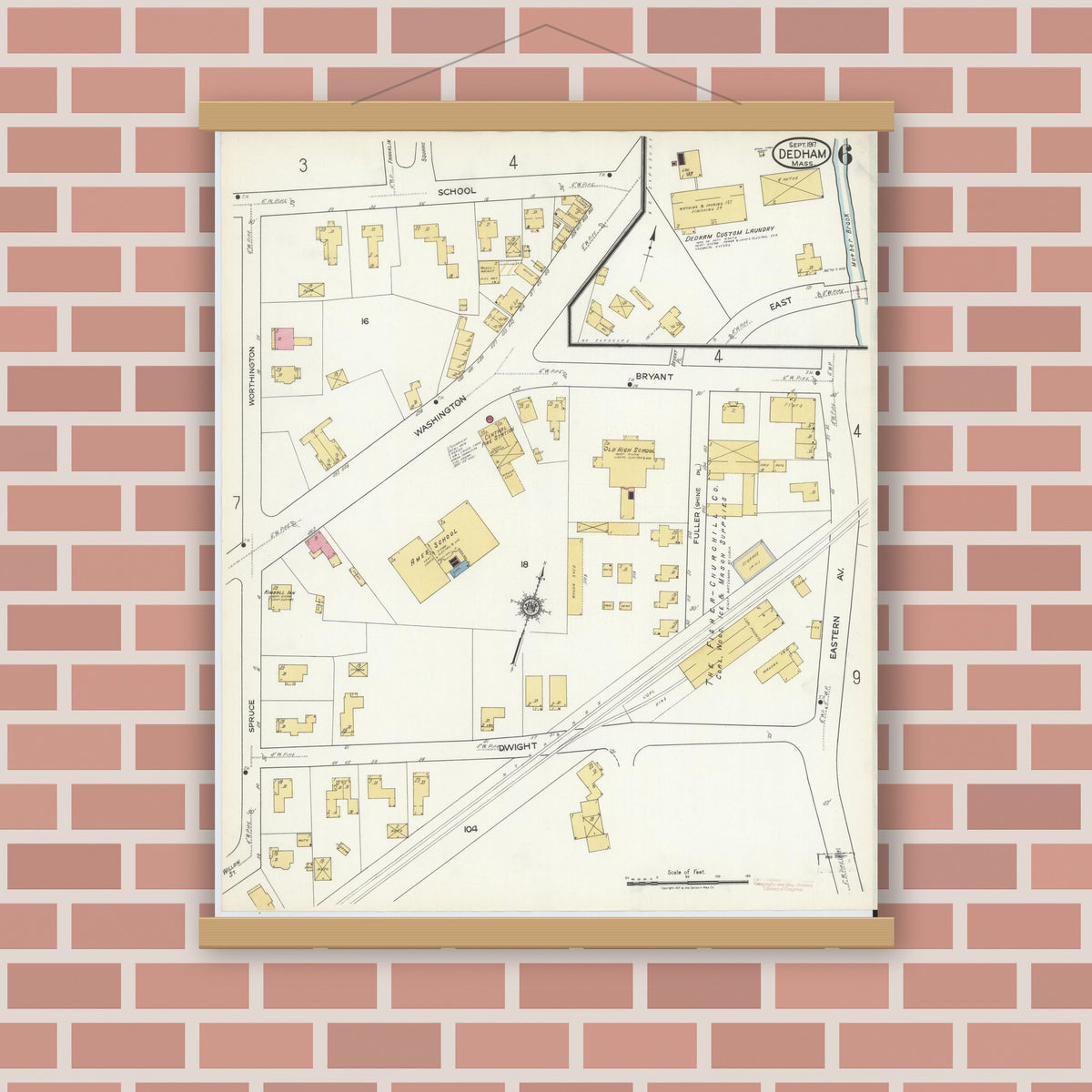 Old map wall art mockup — magnetic wood frame on brick wall — Sanborn Fire Insurance Map from Dedham, Norfolk County, Massachusetts (1917), Sheet #0006
