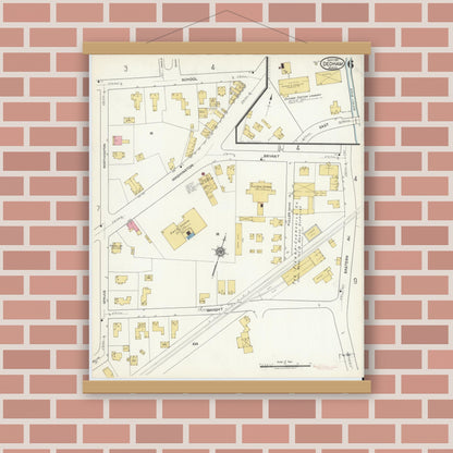 Old map wall art mockup — magnetic wood frame on brick wall — Sanborn Fire Insurance Map from Dedham, Norfolk County, Massachusetts (1917), Sheet #0006