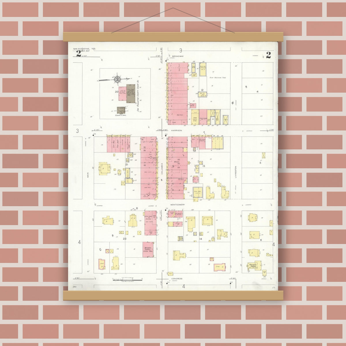Old map wall art mockup — magnetic wood frame on brick wall — Sanborn Fire Insurance Map from San Augustine, San Augustine County, Texas (1937), Sheet #0002