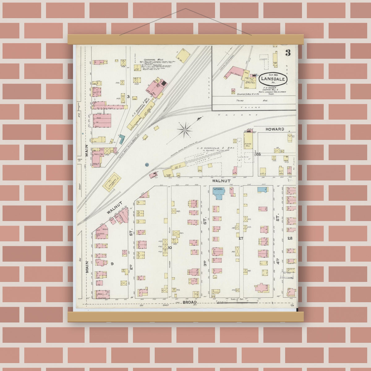 Old map wall art mockup — magnetic wood frame on brick wall — Sanborn Fire Insurance Map from Lansdale, Montgomery County, Pennsylvania (1891), Sheet #0003
