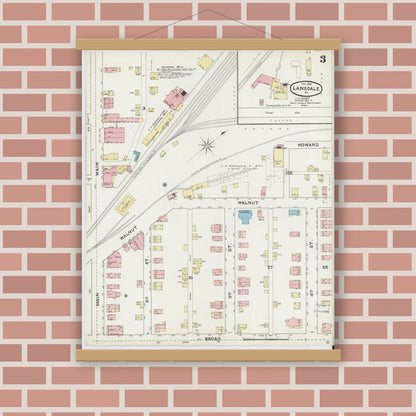 Old map wall art mockup — magnetic wood frame on brick wall — Sanborn Fire Insurance Map from Lansdale, Montgomery County, Pennsylvania (1891), Sheet #0003