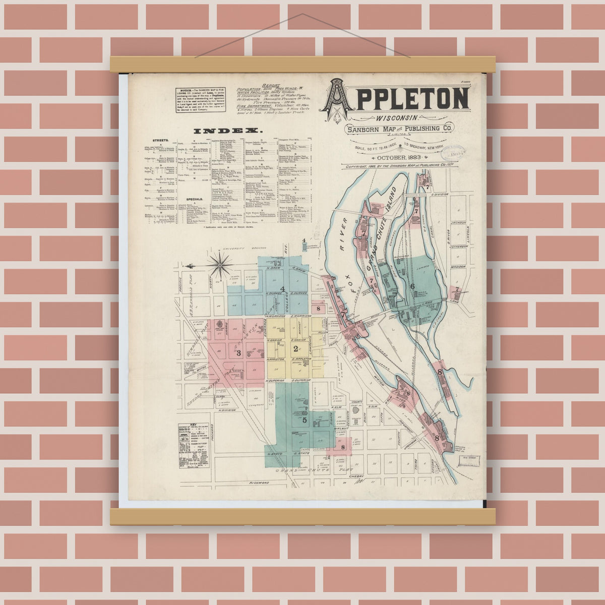 Old map wall art mockup — magnetic wood frame on brick wall — Sanborn Fire Insurance Map from Appleton, Outagamie County, Wisconsin (1883) - Complete Map Set